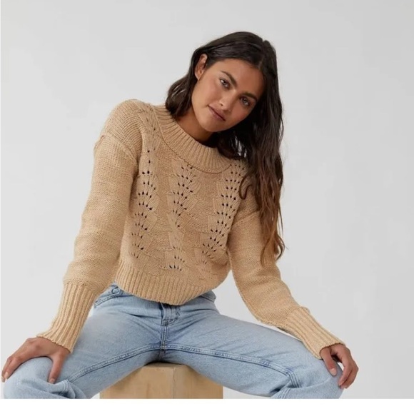 Free People Bell Song Crewneck Long Sleeve Beige Pullover Sweater, Size XL - Picture 9 of 11